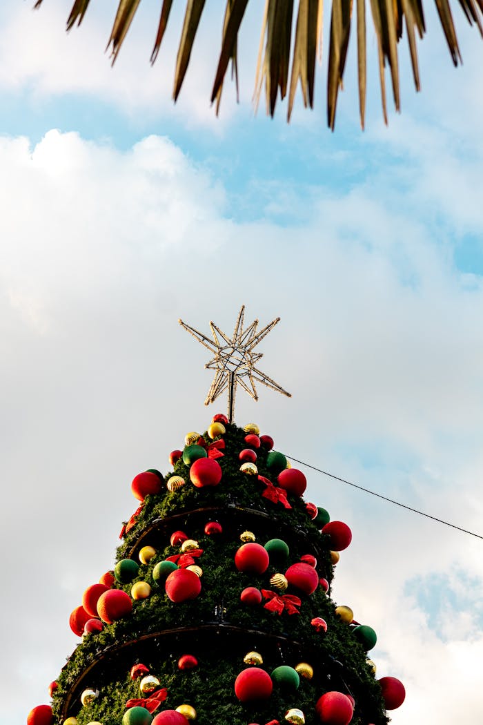 Festive Christmas tree adorned with colorful ornaments and star under a blue sky.